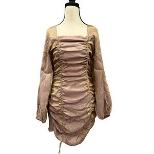 BELLA ELLA Golden Opportunity Puff Sleeve Ruched Bodycon Mini Dress Mocha M NWT